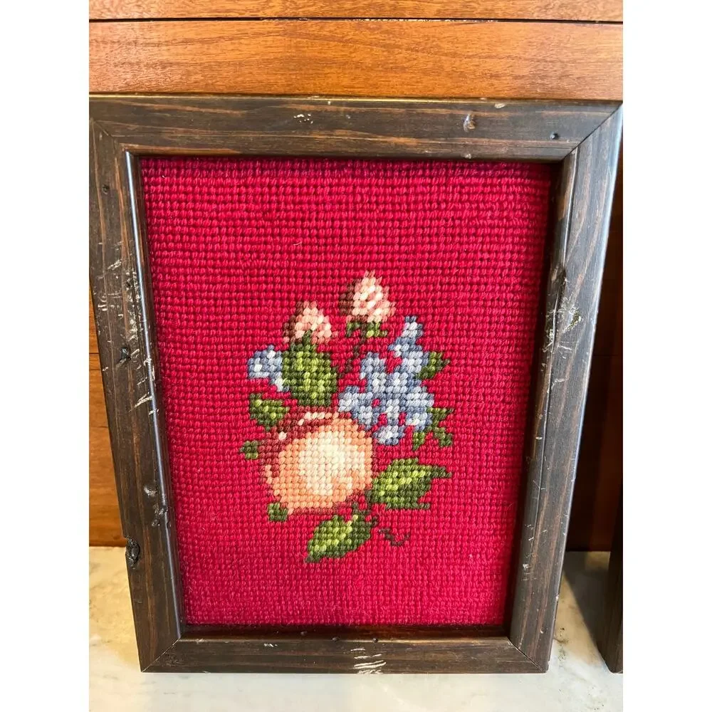 Pair of Vintage framed Finished needlepoint pieces Floral